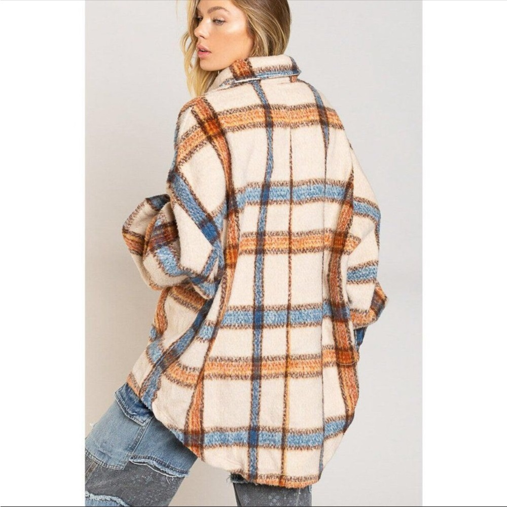 Cream Plaid Fuzzy Shacket Button Down Relaxed Fit - Picture 6 of 12